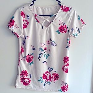 Floral cross neck T